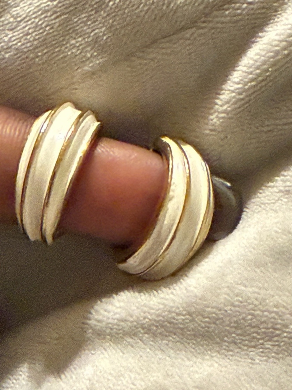 Trifari Crown Gold-Tone Cream Enamel Hoop Earrings
